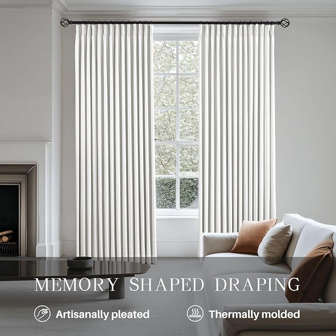 Pinch Pleated Curtains 100% Blackout Linen Curtains 108 Inches Long for Bedroom Living Room, Ivory White Memory Trained Thermal Insulated Room Darkening Window Drapes with Hooks 2 Panels 40"Wx108"L