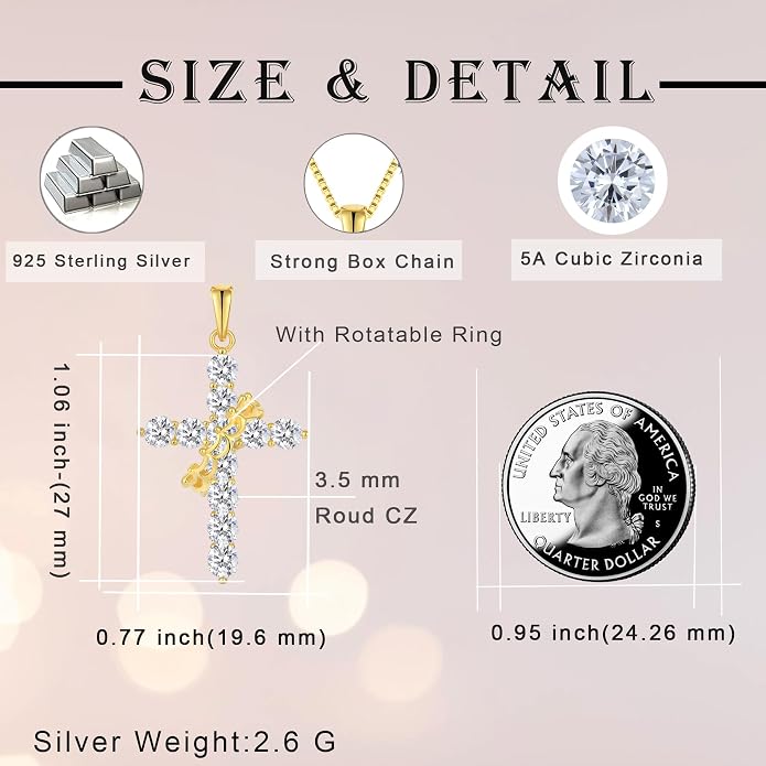 Rotated Crown Cross Necklaces for Women, 925 Sterling Silver Round Cut Zircon Neckalce Pendant With Ring Birthstones Jewelry for Her