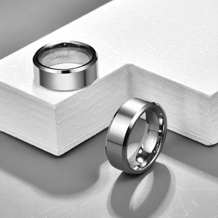 Vakki Tungsten Ring for Men 4mm 6mm 8mm Silver Plain Engagement Wedding Band High Polish Finish and Beveled Edges Comfort Fit Size 5-12