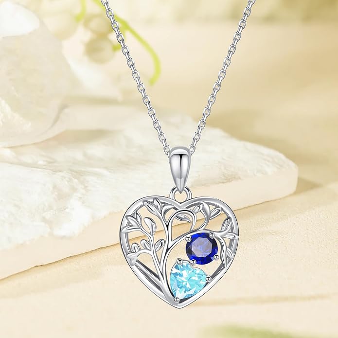 Tree of Life Birthstone Necklace Birthday Gifts 925 Sterling Silver Heart Pendant Birthstone Necklaces for Women Personalized 2 Gemstone Anniversary Graduation Gifts for Her Wife Mom