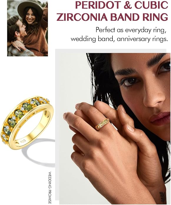 DAYBYDAY Oval Band Rings for Women, 925 Sterling Silver/14k Gold Plated Half Eternity Ring, Aquamarine/Ruby/Emerald/Sapphire Birthstone Rings, Thick Band Gemstone Anniversary Ring Size 6 to 10