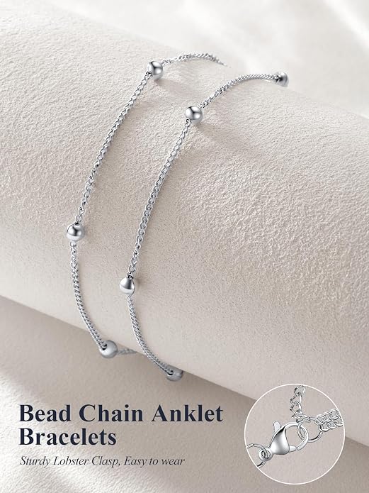 U7 Silver/Gold Ankle Bracelets for Women Layered Chain Anklets Stainless Steel Waterproof Summer Beach Anklet Cham, Adjustable 8.5"-10.5"