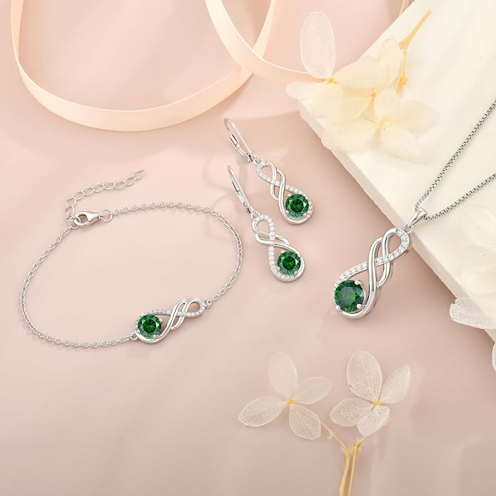 Gemstone Infinity Pendant Necklaces for Women, S925 Sterling Silver Round cut Zircon Necklace Birthstone Jewelry Gift for Her