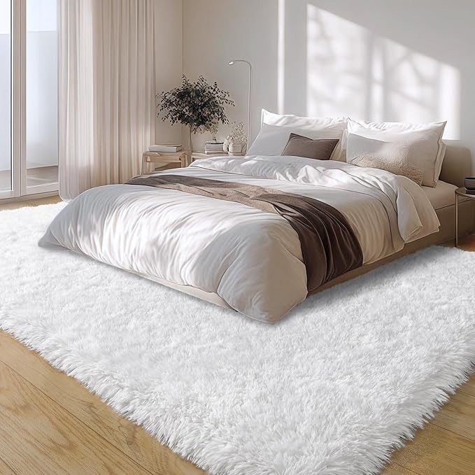 8x10 Large Area Rugs for Living Room, White Fluffy Shag Rug | Soft and Comfy, Big Fuzzy Carpet for Bedroom, Nursery, Kids, Girls, Boys Room Dorm Home Decor Aesthetic, Upgrade Non Slip