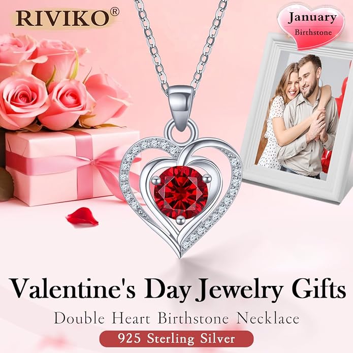 RIVIKO Heart Birthstone Pendant Necklace for Women 925 Sterling Silver Zirconia Necklaces Valentine's Day Anniversary Birthday Mothers Day Jewelry Gifts For Her Mother Wife