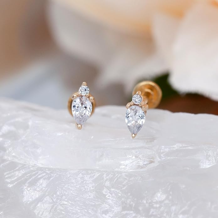 14K Yellow/White Gold Cartilage Earring Stud 1 Pcs, 6mm 8mm 16G Threadless Flat Back Earrings, Push in Tragus Earrings Threadless Labret Stud