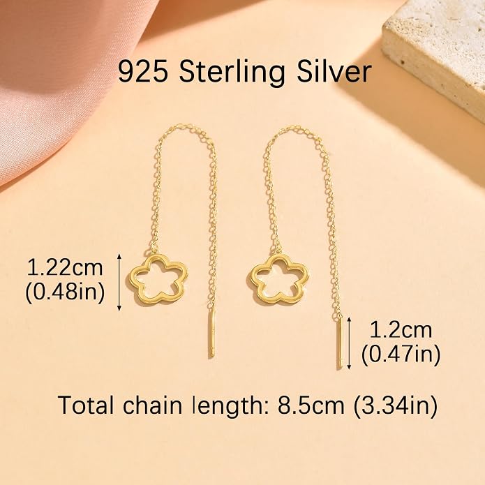 Flower Threader Drop Earrings for Women, 925 Sterling Silver Dainty Hollow Floral Dangle Earrings to Daughter Mother 14k Gold Plated Flowers Long Tassel Chain Earring Birthday Wedding Jewelry Gift