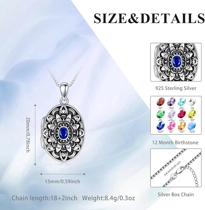 Round/Heart/Oval Shape Locket Necklace That Holds Pictures 925 Sterling Silver Personalized Birthstone Photos Engraved Locket Pendant Birthday Memorial Jewelry Gift for Women