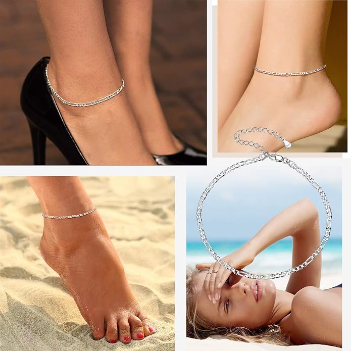 PROSILVER 925 Sterling Silver Ankle Bracelets For Women, Stylish Chain Anklets, Summer Beach Jewelry, 8.6-10.6 Inch Adjustable, Come with Box