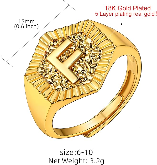KeyStyle Bold Initial Letter Rings Adjustable, GoldChic Jewelry Women Gold Statement Ring Personalized Engraved Women’s Open Signet Ring for Party (Gold, White Gold, Black)