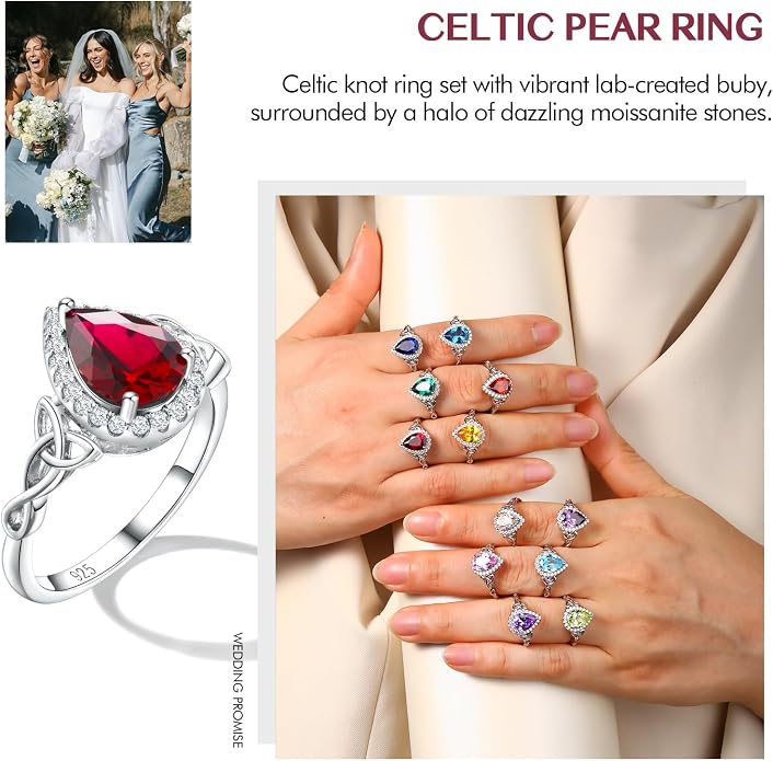 DAYBYDAY Celtic Birthstone Rings for Women 925 Sterling Silver Heart/Round/Pear/Oval Created Gemstone Moissanite Halo Engagement Promise Rings for Her Wife Birthday Anniversary Wedding Jewelry
