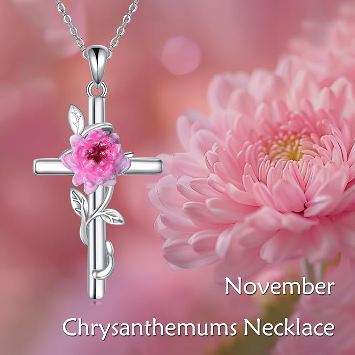 Flower Cross Necklace 925 Sterling Silver Carnation/Rose/Lily/Daisy Cross Necklace Birth Flower Jewelry for Women