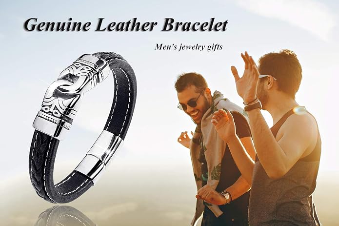 Mens Leather Bracelet,Braided Leather Wristband Cuff Bracelets Stainless Steel Clasp,Jewellery Gift for Men