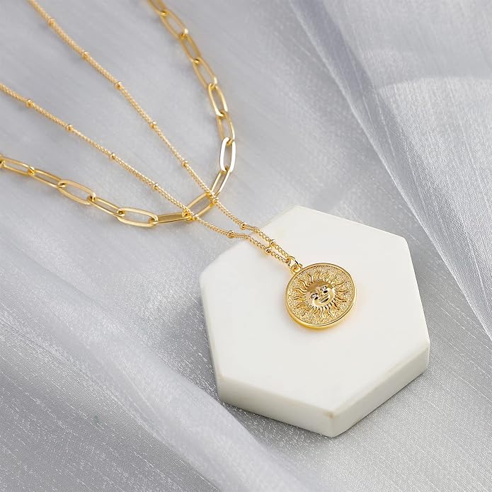 MEVECCO Layered Heart Necklace Pendant Handmade 18k Gold Plated Dainty Gold Choker Arrow Bar Layering Long Necklace for Women