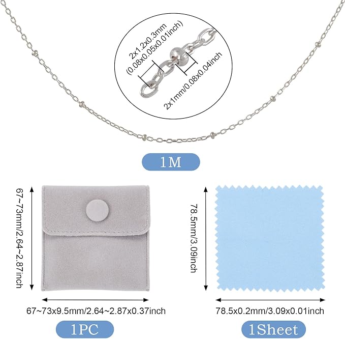 Elecrelive Sterling Silver Necklace for Women, 3.28 Feet Sterling Silver Satellite Ball Chains 2x1.2mm Permanent Jewelry Chains with Velvet Bags for Men Women Jewelry DIY Making