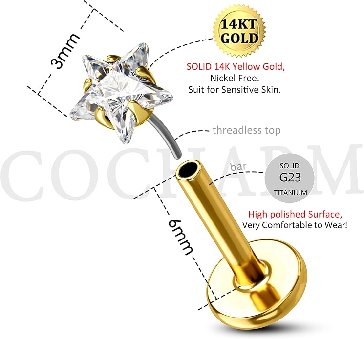 Cocharm 14K Gold Cartilage Earring Stud Yellow Gold Flat Back Helix Stud Push in Tragus Earring