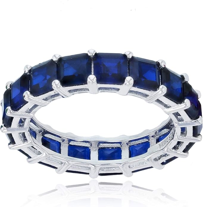 Sterling Silver Rhodium Polished 4mm Multi Color Asscher Princess Cut Cubic Zirconia Eternity Band for Women | AAA Cubic Zirconia Gemstone Engagement Wedding Band Ring | Sizes 5-10