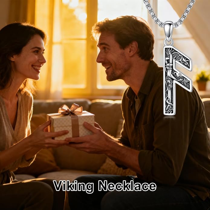 Viking Necklace 925 Sterling Silver Viking Rune Letter Pendant Norse Jewelry Gifts for Men Father