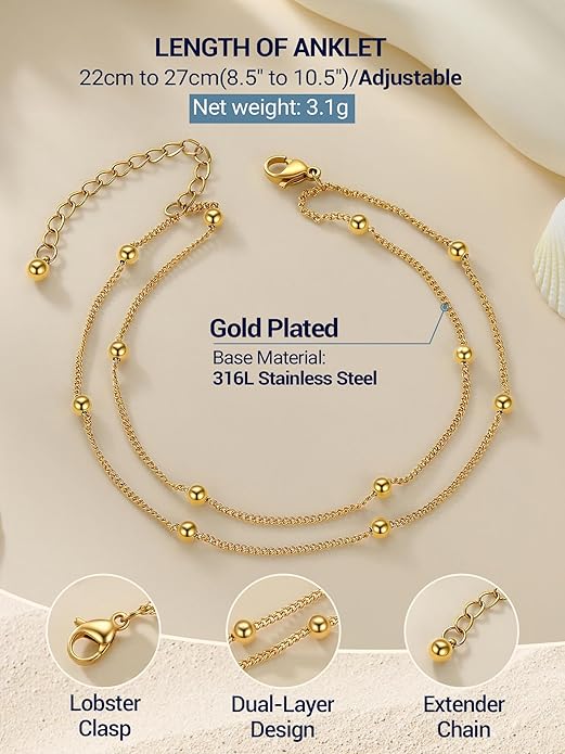 PROSTEEL Ankle Bracelets for Women Waterproof, Layered Stainless Steel Summer Beach anklets, Silver/Gold 8-10.5 Inch Adjustable, Come with Box