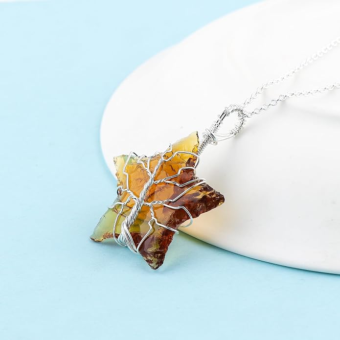 Silver Plated Wire Wrapped Pendant Necklace, Sea Glass Stones, Handmade Jewelry, Healing Crystals, Hammered Pendant, Birthday Gift for Women, Adjustable Chain 16+2inch