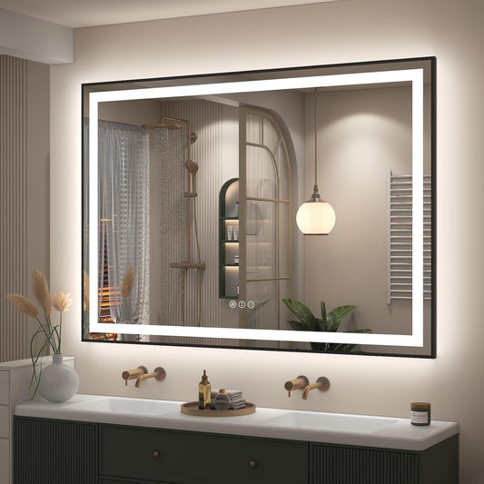 OKPAL 50x40 Black Lighted Mirrors for Bathroom Wall, Framed LED Bathroom Mirror, Defogger, Dimmable, Shatterproof, Memory, 3 Colors, ETL Listed (Front Light and Backlit)
