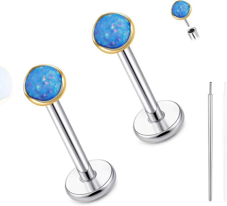 limerencia 18G Hypoallergenic Titanium Opal Threadless Nose Stud Earrings, 2PC Flat Back Push in Stud Earrings Labret Medusa Monroe Helix Cartilage Tragus Conch Piercing Jewelry for Women Men