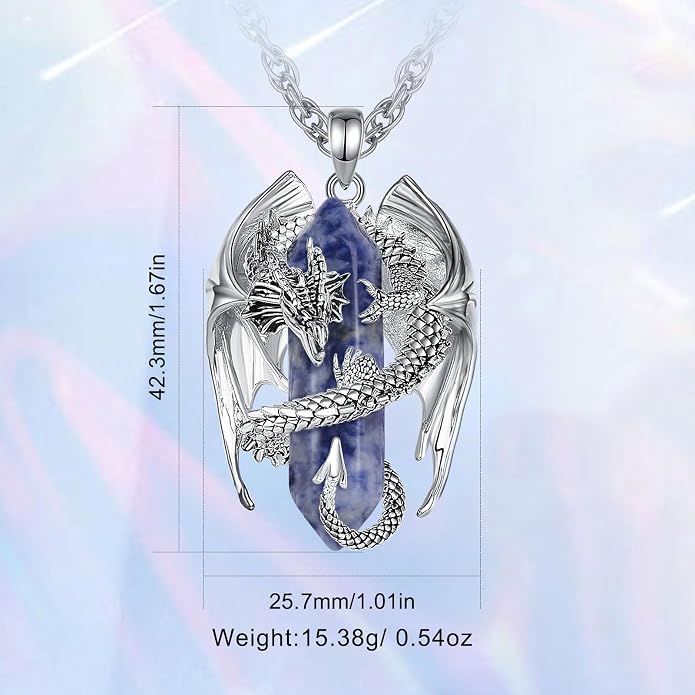 INFUSEU Unique Dragon Necklaces with Healing Crystal Stone for Men Women, Personalized Spiritual Gifts, 24 Inch Chain