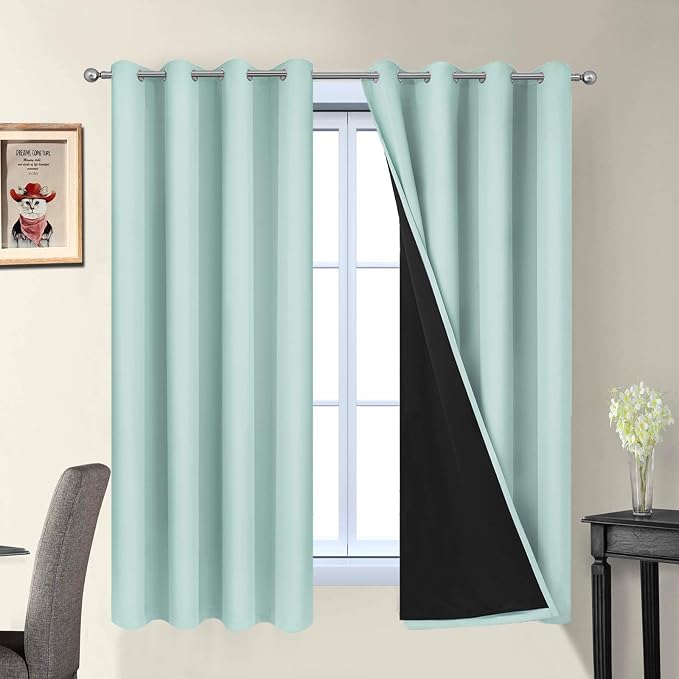 Yakamok Aqua 100% Blackout Curtains 63 Inches Long for Bedroom 52" Wide | Blackout Curtain Panels for Bedroom, 2 Thick Layers Grommet Top Thermal Insulated Drapes with Black Liner for Living Room