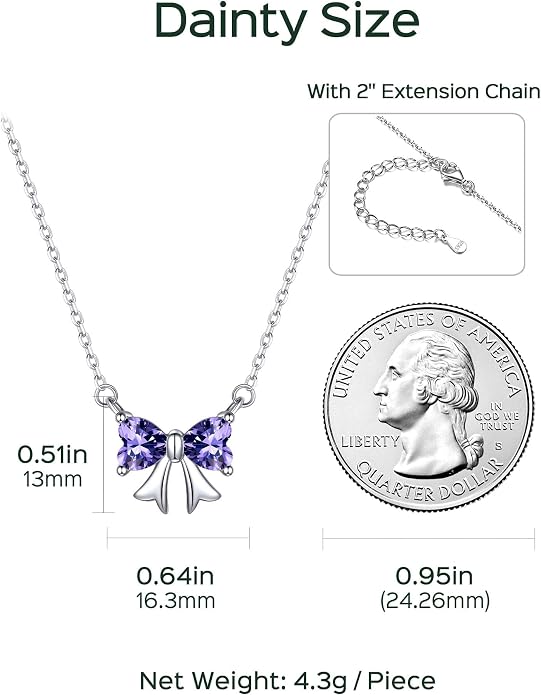 ChicSilver Bow and Cat Birthstone Necklace, 925 Sterling Silver Pendant Necklaces for Women, Hypoallergenic Silver Choker with 16 inch Rolo Chain, 12 Months Jewelry for Valentines Mothers Day Christmas