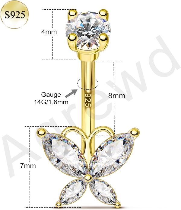 14K Gold Plated Belly Button Rings 925 Sterling Silver Belly Navel Rings for Women Surgical Steel Navel Piercing Jewelry