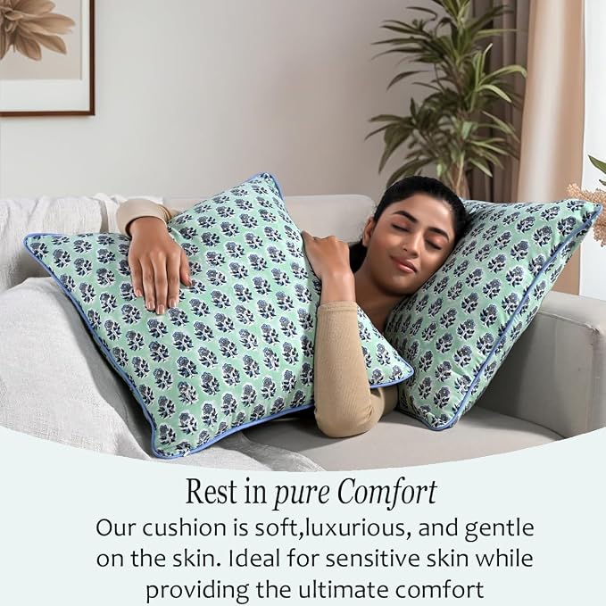 CPC 100% Cotton Throw Pillow Covers 18x18 Inch, Set of 2 Blue Block Print Pattern Couch Pillow, Cute Boho Decorative Pillows for Living Room, Bedroom with Hidden Zipper- Poppy Blue