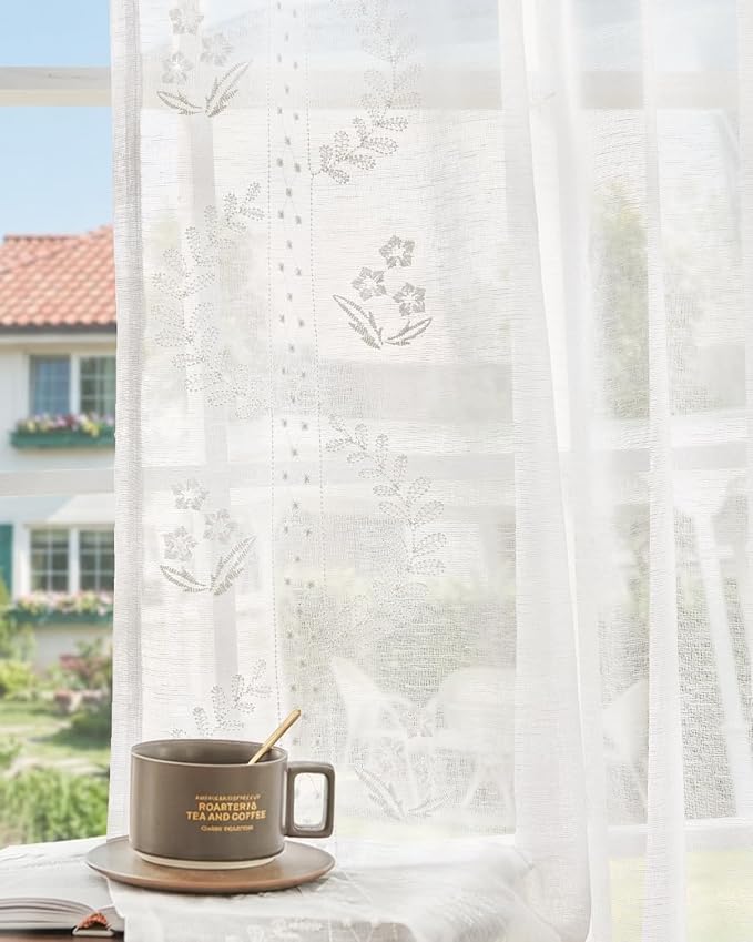 jinchan Belrose Linen Sheer Curtains for Living Room 63 Inch Length Sheer Voile Embroidered Floral Curtains for Bedroom Light Filtering Rod Pocket Window Treatments Farmhouse Decor 2 Panels White