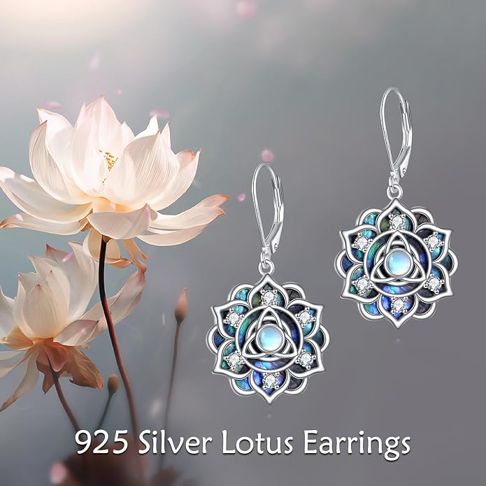 Lotus Earrings Sterling Silver Lotus Flower Dangle Drop Earrings Yoga Jewelry Gifts for Women