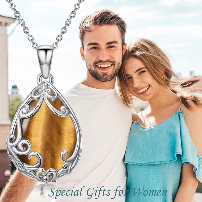 HPQQ Teardrop Necklace 925 Sterling Silver Filigree Gemstone Pendant Necklace Fine Jewelry Birthday Mother's Day Gifts for Women Her Mom