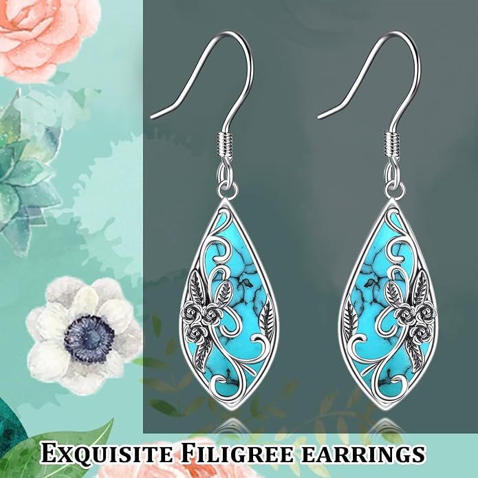 Silver Earrings for Women Sterling Silver Filigree Earrings Teardrop Dangle Drop Filigree Bohemia Jewelry Gift for Women Mother Mom