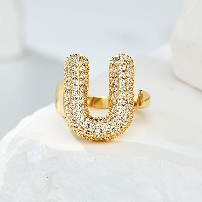 Cicy Bell Initial Rings for Women 14k Gold Plated Cubic Zirconia Delicate Letter Chunky Statement Open Rings Gifts for Her