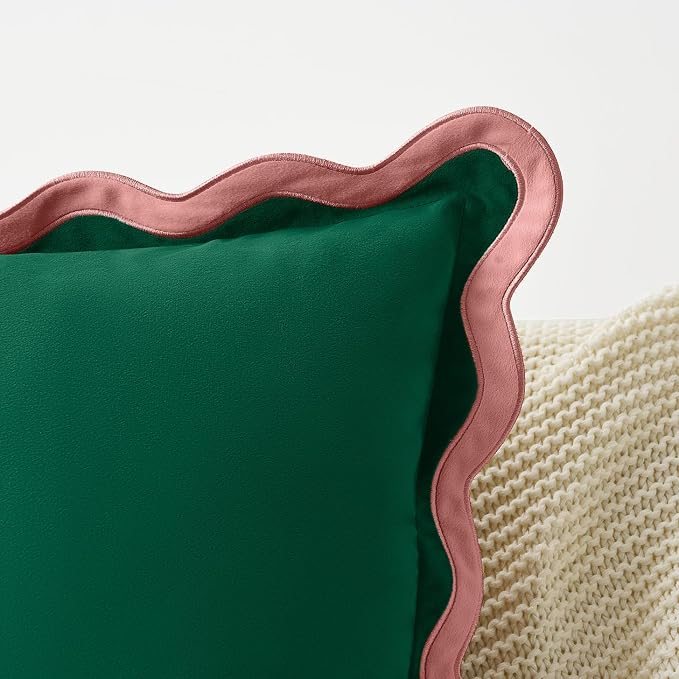 MONDAY MOOSE Decorative Throw Pillow Covers Cushion Cases, Set of 2 Soft Velvet Scalloped Wavy Edge Designs, Mix and Match for Home Decor, Pillow Inserts Not Included (18x18 inch, Pink/Green)