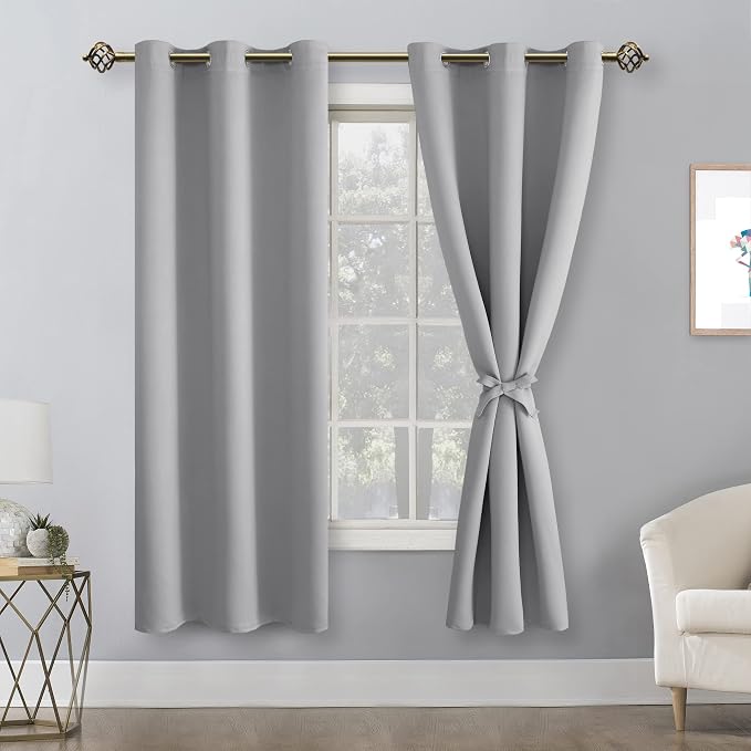 Hiasan Blackout Curtains for Bedroom, 38 x 63 Inches Length - Thermal Insulated & Light Blocking Window Curtains for Living Room, 2 Drape Panels Sewn with Tiebacks, Silver Grey