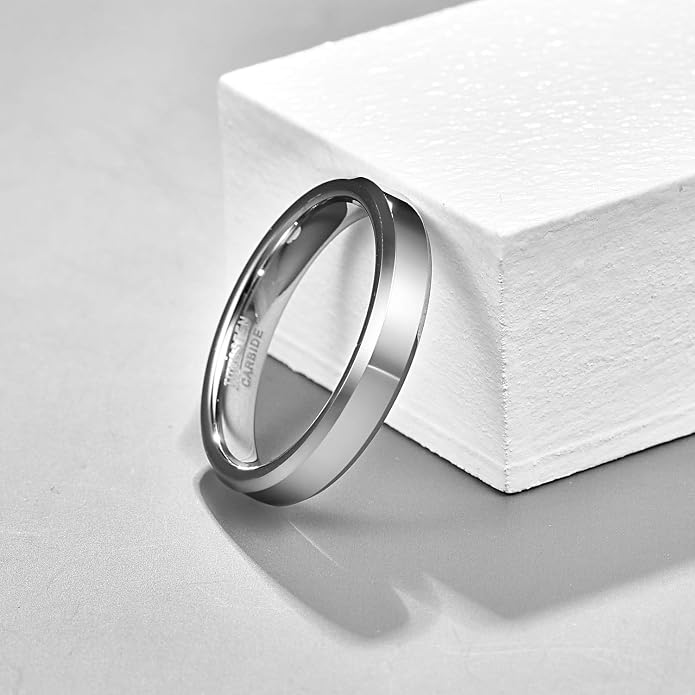 Vakki Tungsten Ring for Men 4mm 6mm 8mm Silver Plain Engagement Wedding Band High Polish Finish and Beveled Edges Comfort Fit Size 5-12