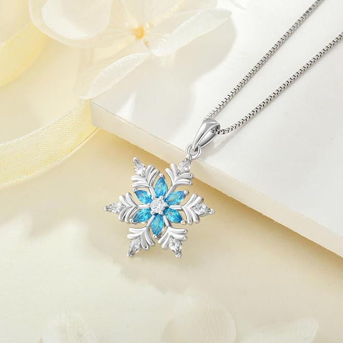 925 Sterling Silver Snowflake Necklace for Women Birthstone Snowflake Pendant Necklace Cubic Zirconia Christmas Jewelry