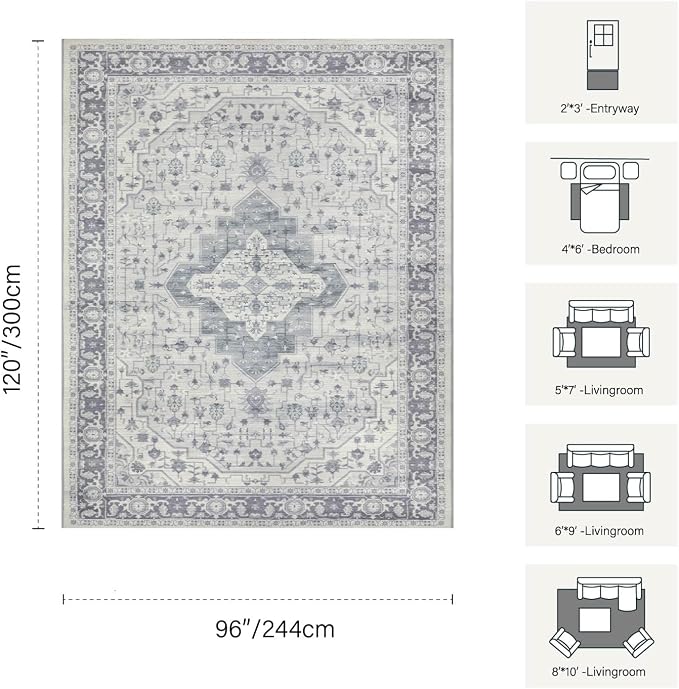 Rugxara 8x10 Washable Area Rug for Living Room, Extra Large Vintage Boho Rugs for Office, Kids Room, Farmhouse, Durable Low Pile Non Slip Carpet for High Traffic Areas,Blue Quartz