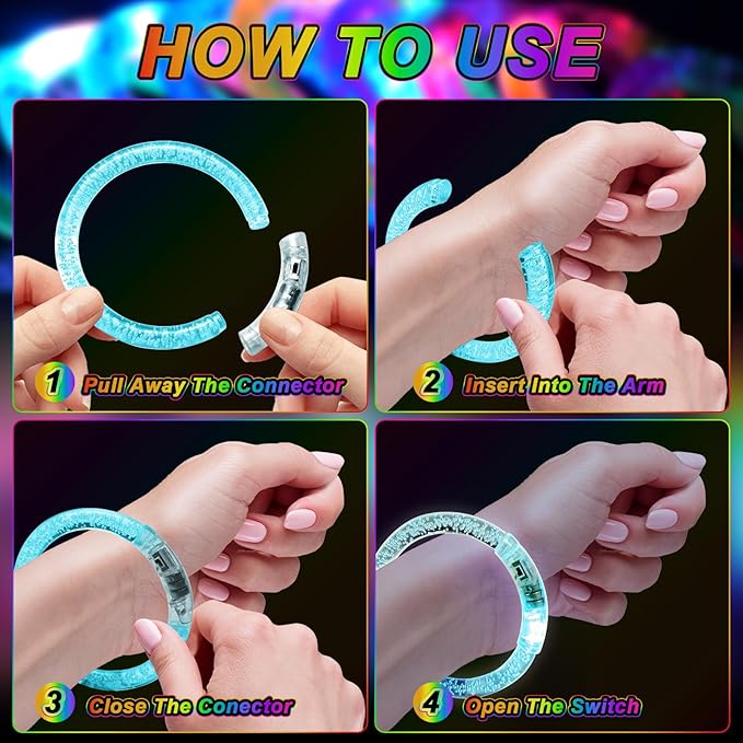 OLUPP 48 Pack LED Light Up Bracelets, Glow in the Dark Party Supplies, 6 Color Glow Bracelets, Rave Party Favors for Kids/Adults Birthday, Concert,Goodie Bag Fillers, New Year