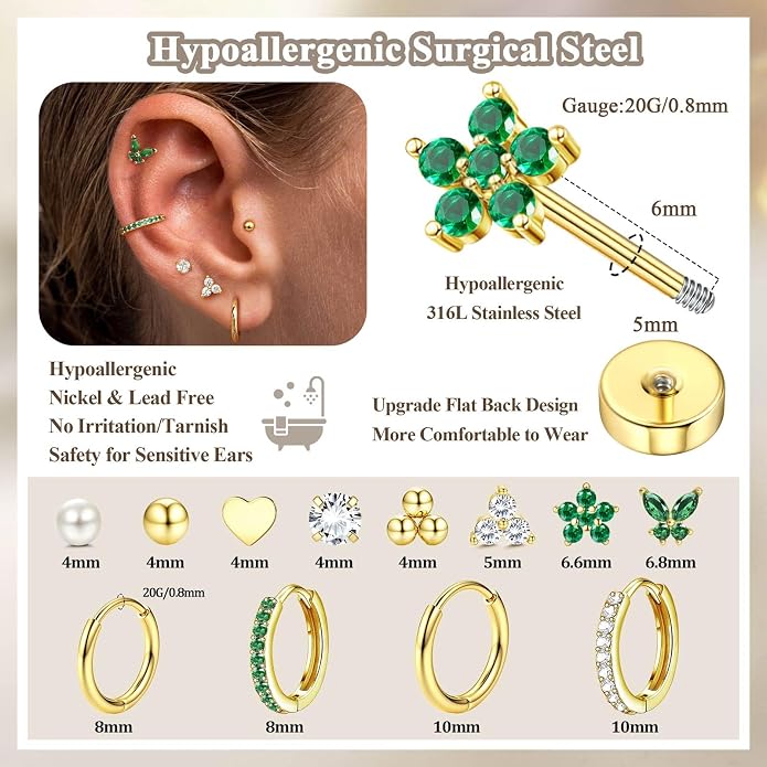 Jstyle Hypoallergenic 14K Gold Plated Stud Hoop Earrings for Women Men Surgical Stainless Steel Flat Back Earrings Small Huggie Hoops Cartilage Earring Set for Multiple Piercing Jewelry Gift for Women