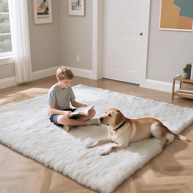 yongyangjuxin Fluffy Rug Shag Area Rug, White 8x10 Area Rugs for Living Room, Large Shag Area Rugs for Bedroom Room Home Decor, Upgrade Anti-Skid Rectangular Fuzzy Rugs
