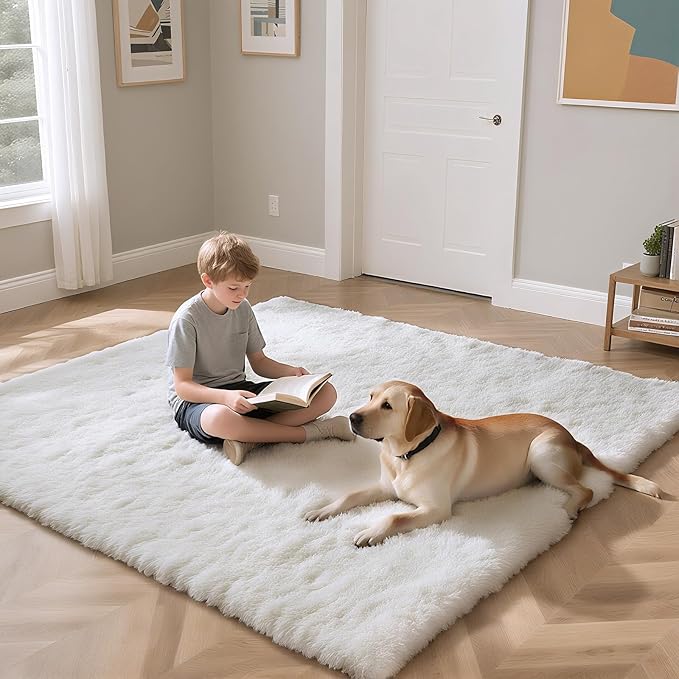 yongyangjuxin Fluffy Rug Shag Area Rug, White 6x9 Area Rugs for Living Room, Large Shag Area Rugs for Bedroom Room Home Decor, Upgrade Anti-Skid Rectangular Fuzzy Rugs