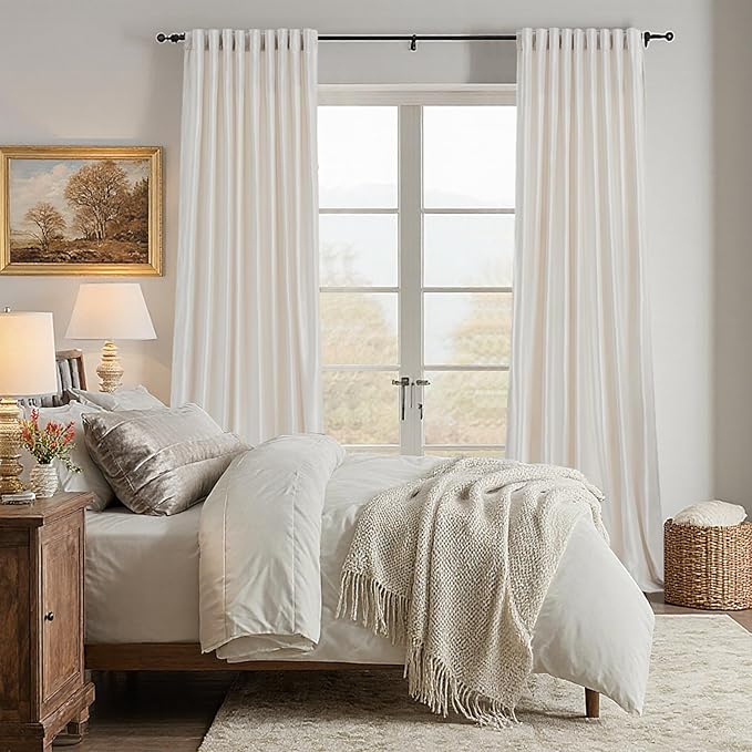 100% Blackout Ivory Off White Velvet Curtains 90 inch Long for Living Room,Set of 2 Panels Liner Rod Pocket Back Tab Thermal Window Drapes Room Darkening Heavy Decorative Curtains for Bedroom