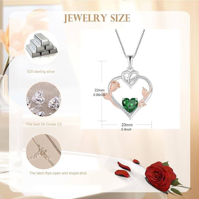 Rose Heart Necklaces for Women - 925 Sterling Silver Gold Rose Birthstone Pendant Jewelry for Girlfriend Daughter - Anniversary Birthday Christmas Valentines Day Mother’s Day Jewelry Gifts for Women Wife Her Girls Mom