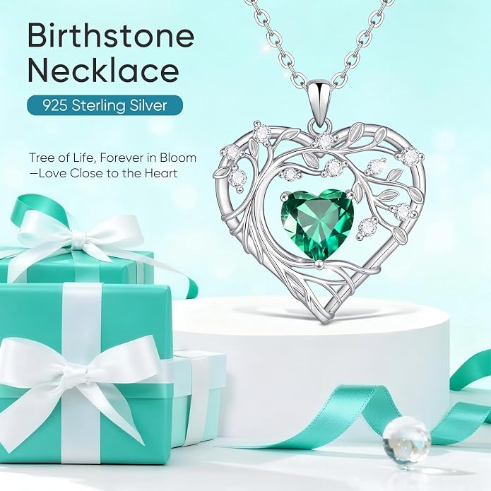Tree of Life Birthstone Pendant Necklace - 925 Sterling Silver Heart Cubic Zirconia Diamond Women Pendant Necklaces for Her Daughter Girlfriend Birthday Gift Ideas for Wife Mom for Valentines Day