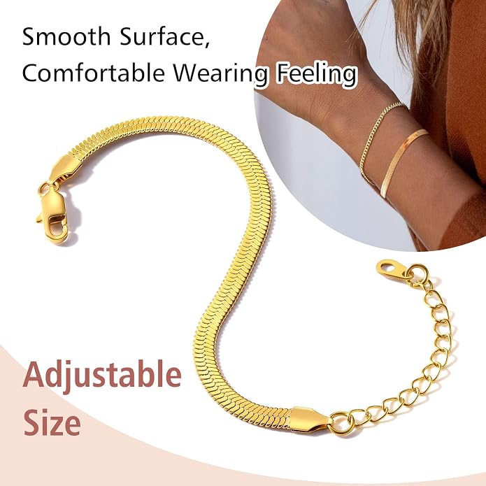 FindChic Elegant Herringbone Snake Chain Anklets/Bracelets 3MM/5MM Width Stainless Steel/18K Gold/Rose Gold Plated/Black 4 Color Options, 8.3'' 8.5'' 10.5'' Length, with Gift Box