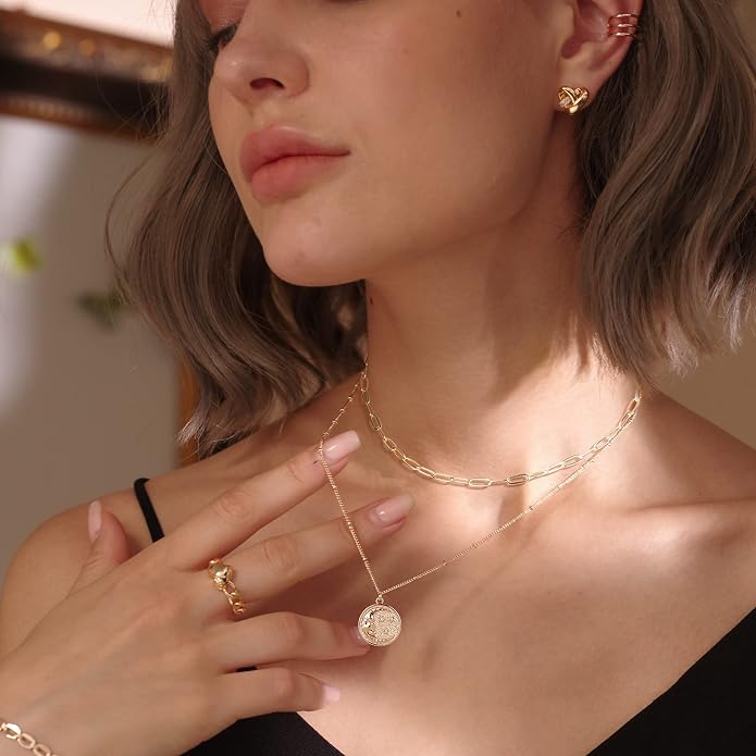 MEVECCO Layered Heart Necklace Pendant Handmade 18k Gold Plated Dainty Gold Choker Arrow Bar Layering Long Necklace for Women